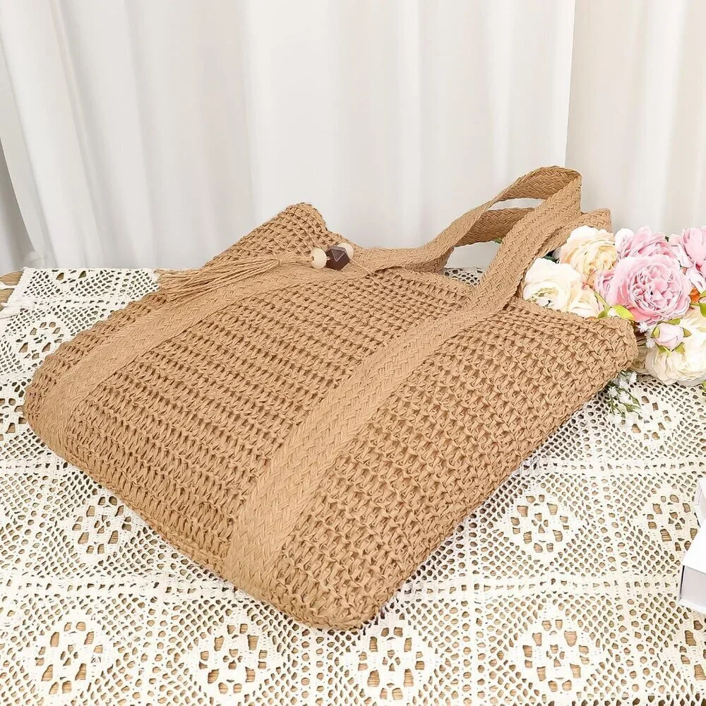 Womens Straw Woven Tote Bag Large Capacity Summer Beach Shoulder Purse